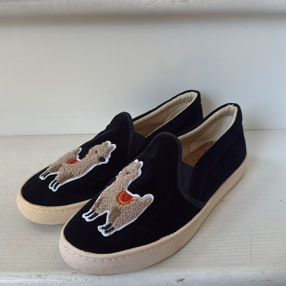 Anthropologie Soludos Kissing Llama Navy Blue Velvet Sneakers Size 7.5 - Picture 6 of 8